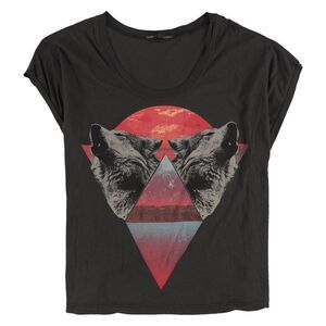 TRULY MADLY DEEPLY Womens Wolf Howling Graphic T-Shirt, blkmulti, Juniors, L